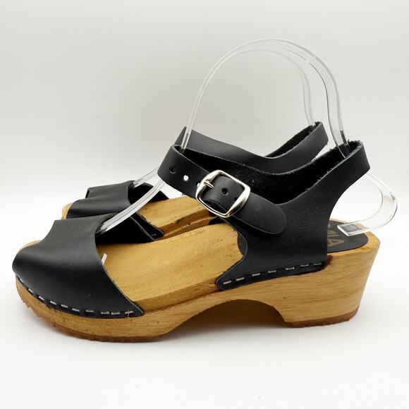 MIA Womens ANJA Clogs EU 37 US 6.5 Black Leather Wooden Heel Peep Toe NIB - Picture 8 of 11